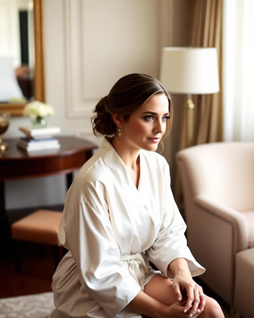 Bride in a silk robe before her Kyara Luxe morning-of wedding beauty appointment