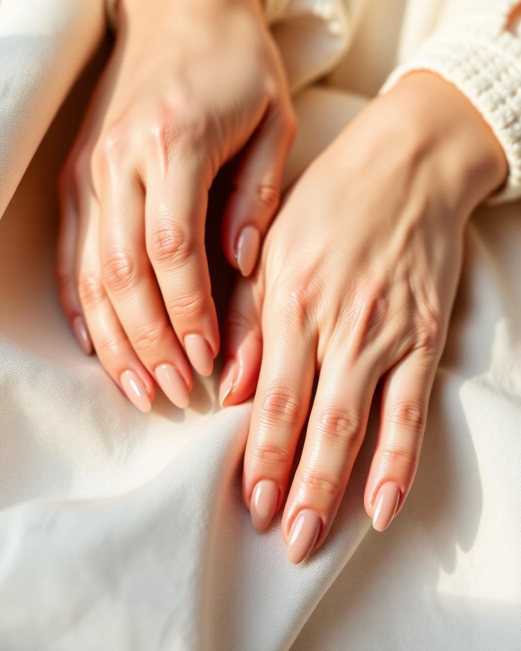 Client's hands after a Kyara Luxe manicure — glossy nude-almond nails with hydrated cuticles