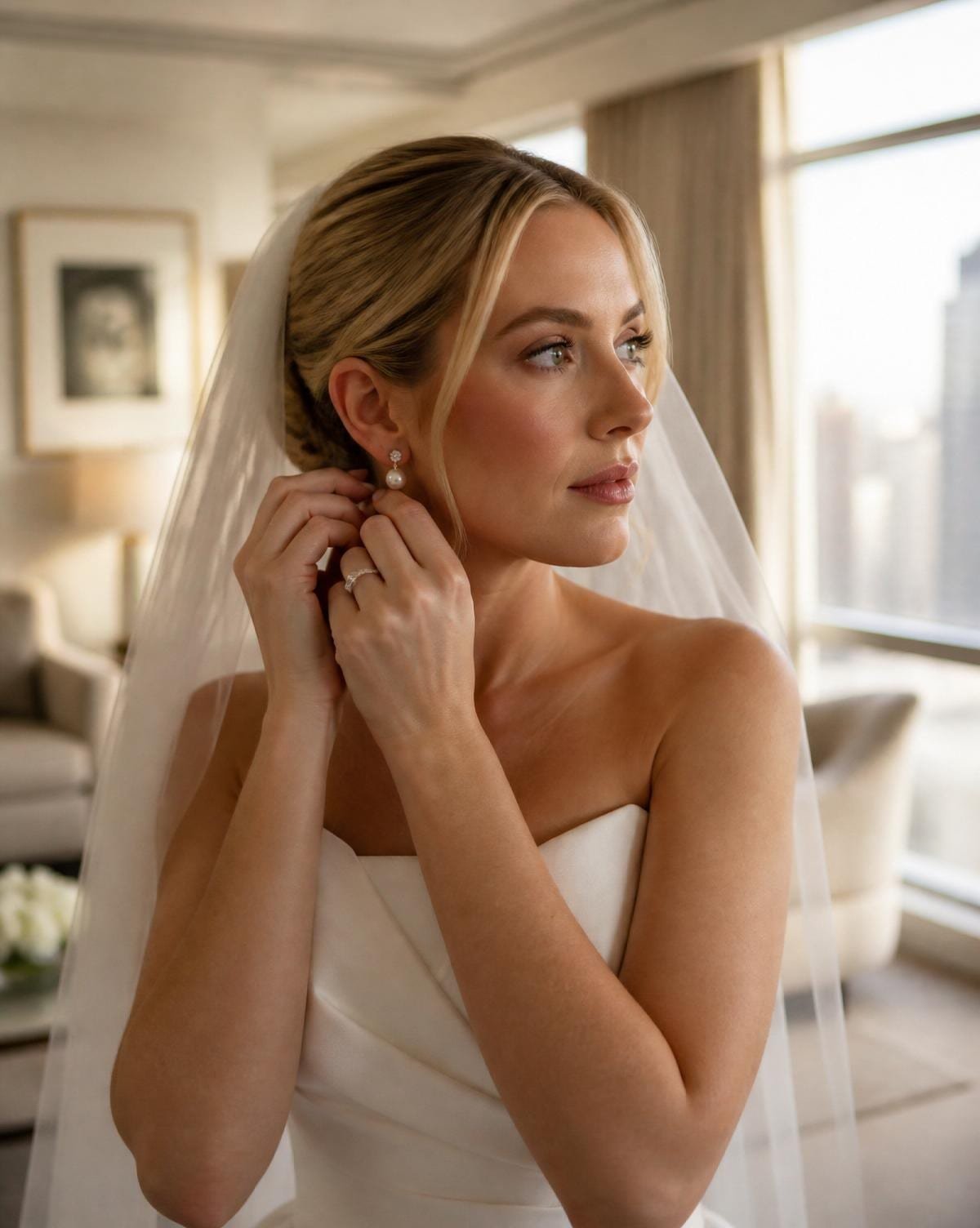 Bride putting on pearl earrings with veil draped, morning-of a NYC penthouse wedding styled by Kyara Luxe