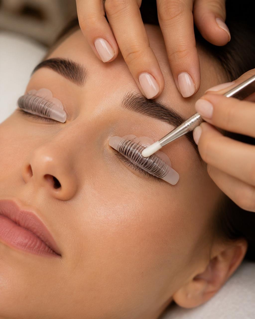 Young woman receiving a professional lash lift treatment with silicone rods lifting her natural lashes